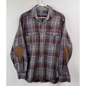 VTG Ralph Lauren Flannel Hunting Shirt  Plaid Suede Elbow Patch L Leather Crest
